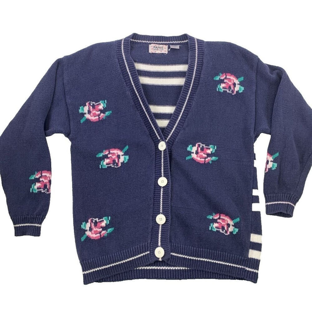 Paris Sport Club Sweater Cotton Ramie Cotton Button Navy Pink Rose Womens Medium